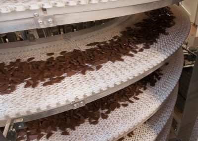 Spiral Conveyor for cooling an transporting chocolate candy constructed by Bofab Conveyor AB for Cloetta AB Ljungsbro